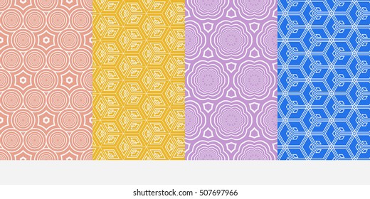 Geometric patterns of the figures cube, star, circle. Set of 4 seamless patterns. Vector illustration. For wallpaper design, prints, interior decoration, scrapbooking, web design