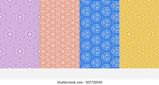 Geometric patterns of the figures cube, star, circle. Set of 4 seamless patterns. Vector illustration. For wallpaper design, prints, interior decoration, scrapbooking, web design