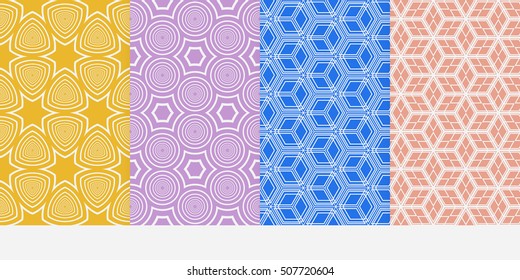 Geometric patterns of the figures cube, star, circle. Set of 4 seamless patterns. Vector illustration. For wallpaper design, prints, interior decoration, scrapbooking, web design