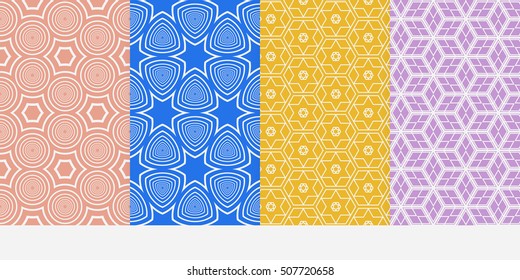 Geometric patterns of the figures cube, star, circle. Set of 4 seamless patterns. Vector illustration. For wallpaper design, prints, interior decoration, scrapbooking, web design