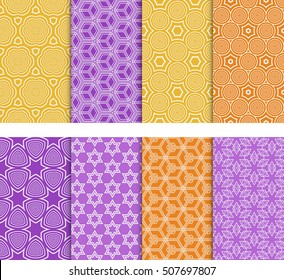 Geometric patterns of the figures. Set of 8 seamless patterns. Vector illustration. For wallpaper design, prints, interior decoration, scrapbooking, backgrounds fill the site, web design