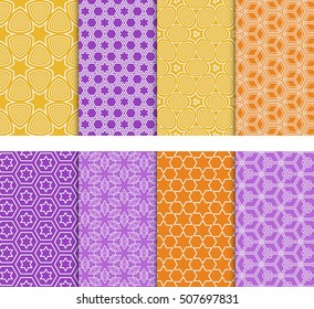 Geometric patterns of the figures. Set of 8 seamless patterns. Vector illustration. For wallpaper design, prints, interior decoration, scrapbooking, backgrounds fill the site, web design