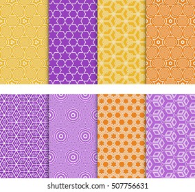 Geometric patterns of the figures. Set of 8 seamless patterns. Vector illustration. For wallpaper design, prints, interior decoration, scrapbooking, backgrounds fill the site, web design