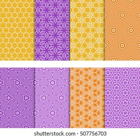 Geometric patterns of the figures. Set of 8 seamless patterns. Vector illustration. For wallpaper design, prints, interior decoration, scrapbooking, backgrounds fill the site, web design