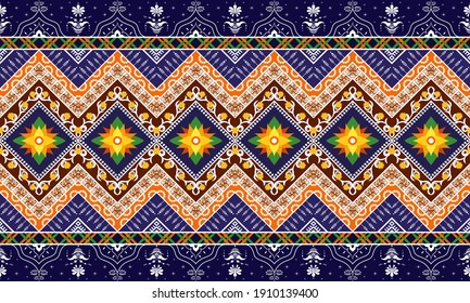 Geometric patterns, flowers, yellow, orange, green and white Blue ikat seamless background for carpet background, wallpaper, clothes wrap, batik, beautiful embroidery style vector illustration
