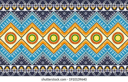Geometric patterns, flowers, yellow, orange, green and white Blue ikat seamless background for carpet background, wallpaper, clothes wrap, batik, beautiful embroidery style vector illustration
