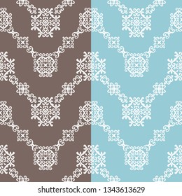 Geometric patterns formed from squares.Template for embroidery, decoration cards, wrappers, business cards, gift tags, labels, and textile elements of interior design.Vector seamless illustration.