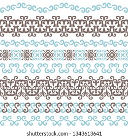 Geometric patterns formed from squares.Template for embroidery, decoration cards, wrappers, business cards, gift tags, labels, and textile elements of interior design.Vector seamless illustration.