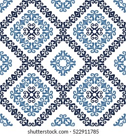 Geometric patterns formed from squares.Template for embroidery, decoration cards, wrappers, business cards, gift tags, labels, and textile elements of interior design.Vector seamless illustration.