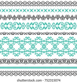 Geometric patterns formed from squares.Template for embroidery, decoration cards, wrappers, business cards, gift tags, labels, and textile elements of interior design.Vector seamless illustration.