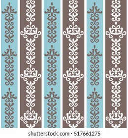 Geometric patterns formed from squares.Template for embroidery,Ceramic tiles and textile elements of interior design.Vector seamless illustration. Blue and brown color on a white background