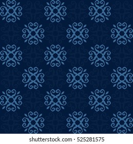 Geometric patterns formed from squares.Template for embroidery,Ceramic tiles and textile elements of interior design.Vector seamless illustration. Light blue color on a blue background