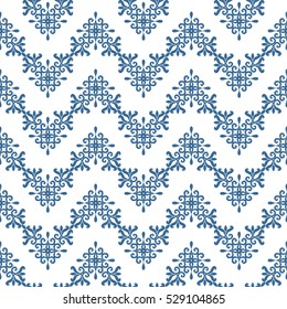 Geometric patterns formed from squares.Template for embroidery,Ceramic tiles and textile elements of interior design.Vector seamless illustration. Blue and light blue color on a white background