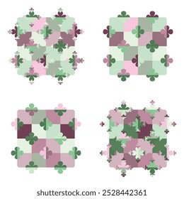 Geometric patterns with four leaf clover symbols on checkered background in spring colours. Great for T-shirt prints, home decor, greeting cards, gift boxes, stickers, magnets and station