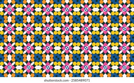 Geometric patterns with a lively and fun aesthetic. The floral motif is formed by four circles superimposed on each other, resulting in a central circle shape with four petals extending outwards