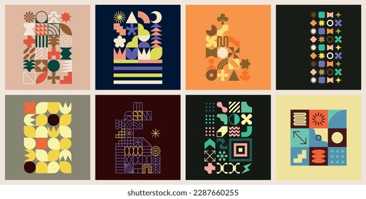 Geometric patterns. Modern and colorful posters, invitations, art prints or wall art. Bauhaus, postmodernism, neo geo art and brutalism influences. Decorative cards with colors and geometric shapes.