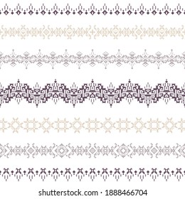 Geometric patterns of modern stylish texture. Seamless vector illustration in the form of pixels. Ornament for embroidery and textile interior design elements. Set of horizontal isolated borders.