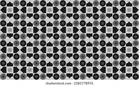 Geometric patterns with a monochromatic gray palette and a distinctive, almost ornate style. The most prominent elements are stylish floral or star motifs