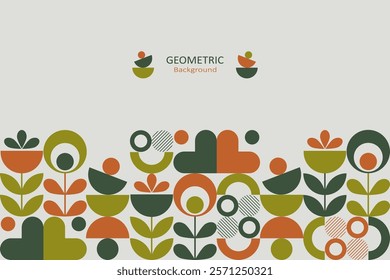 Geometric patterns with a nature-inspired theme, including abstract flowers, leaves, circles, and semi-circular shapes. The color uses earthy tones orange, green, olive, and white. 