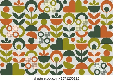 Geometric patterns with a nature-inspired theme, including abstract flowers, leaves, circles, and semi-circular shapes. The color uses earthy tones orange, green, olive, and white. 