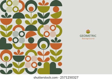 Geometric patterns with a nature-inspired theme, including abstract flowers, leaves, circles, and semi-circular shapes. The color uses earthy tones orange, green, olive, and white. 