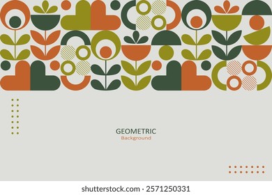 Geometric patterns with a nature-inspired theme, including abstract flowers, leaves, circles, and semi-circular shapes. The color uses earthy tones orange, green, olive, and white. 