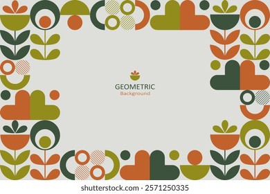 Geometric patterns with a nature-inspired theme, including abstract flowers, leaves, circles, and semi-circular shapes. The color uses earthy tones orange, green, olive, and white. 