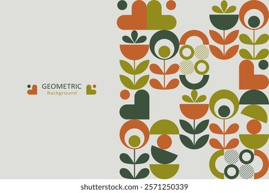 Geometric patterns with a nature-inspired theme, including abstract flowers, leaves, circles, and semi-circular shapes. The color uses earthy tones orange, green, olive, and white.