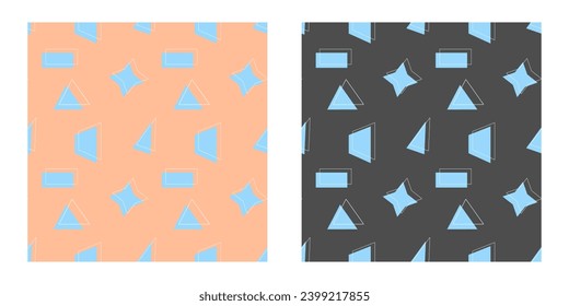 Geometric patterns Peach fuzz color with simple figures of triangle, trapezoid, rectangle, and their contours, on yellow and gray background.