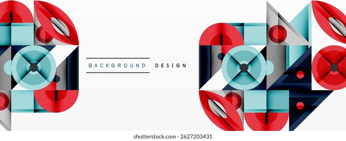 Geometric patterns, red, blue hues dominate design. Minimalist style, symmetrical composition creates modern aesthetic. Clean lines, shapes present.