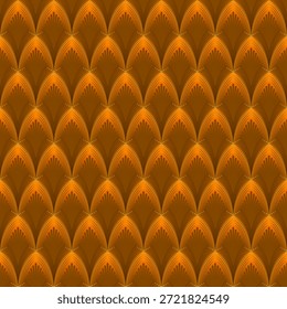 Padrões geométricos semelhantes a escamas de dragão, usando tons de laranja e ouro no design.