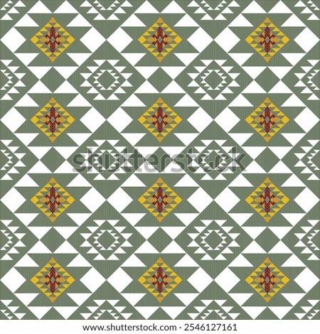 Geometric patterns, rhombuses and shades of green, yellow and red are often found on textiles, wallpaper or tiles and are interesting because of their intricacy and the way colors and shapes change