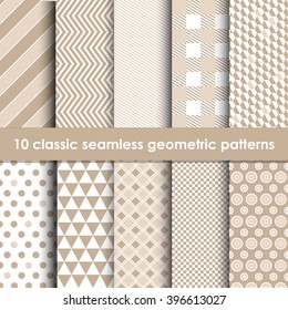 Geometric patterns seamless. Set of 10 coffee colors classic patterns. May be used as background, backdrop, invitation card etc.