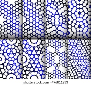 geometric patterns. seamless set of eight patterns. vector illustration. blue