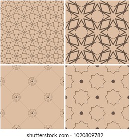 Geometric patterns. Set of beige and brown seamless backgrounds. Vector illustration