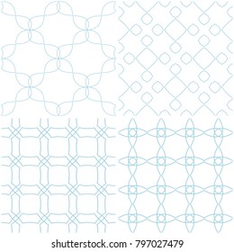 Geometric patterns. Set of blue elements on white. Seamless backgrounds. Vector illustration