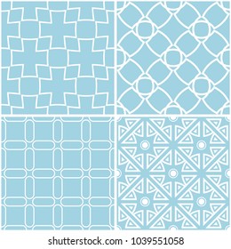 Geometric patterns. Set of blue and white seamless backgrounds. Vector illustration