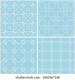Geometric patterns. Set of blue and white seamless backgrounds. Vector illustration