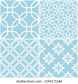 Geometric patterns. Set of blue and white seamless backgrounds. Vector illustration