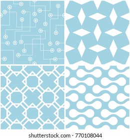 Geometric patterns. Set of blue and white seamless backgrounds. Vector illustration