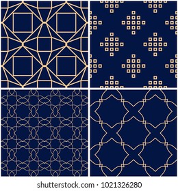 Geometric patterns. Set of golden blue seamless backgrounds. Vector illustration