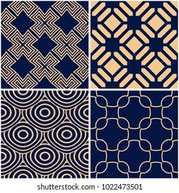 Geometric patterns. Set of golden blue seamless backgrounds. Vector illustration