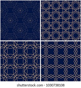 Geometric patterns. Set of golden blue seamless backgrounds. Vector illustration