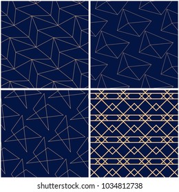 Geometric patterns. Set of golden blue seamless backgrounds. Vector illustration