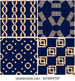 Geometric patterns. Set of golden blue seamless backgrounds. Vector illustration