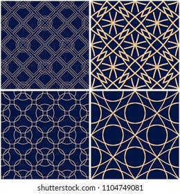 Geometric patterns. Set of golden blue seamless backgrounds. Vector illustration