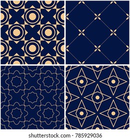 Geometric patterns. Set of golden blue seamless backgrounds