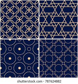 Geometric patterns. Set of golden blue seamless backgrounds