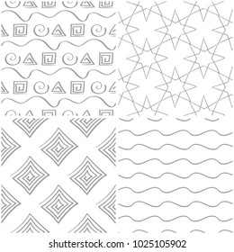 Geometric patterns. Set of light gray and white seamless backgrounds. Vector illustration