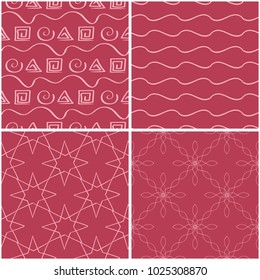 Geometric patterns. Set of pale red seamless backgrounds. Vector illustration